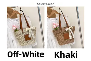 Comparison of woven straw tote bags in off-white and khaki with lace bow detail