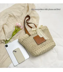 Straw tote bag size comparison with tablet and phone showing large storage capacity