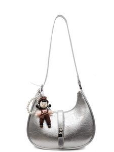 Silver metallic hobo bag with pleated texture, pearl chain and cartoon doll charm