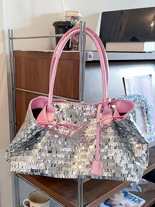 Large Capacity Women Sequin Tote Bag Sparkly PU Leather Shoulder Bag Fashion Trendy Patchwork Casual Travel Party Handbag