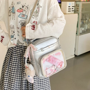 Sac bandoulière JK argenté avec fenêtre transparente, nœud dentelle et lapin peluche