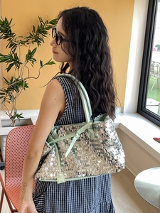 Sparkly silver sequin tote bag with mint green leather straps for women's daily fashion
