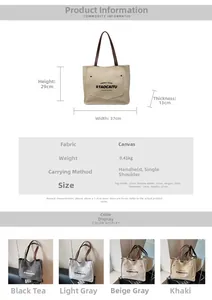 Detailed size specifications for large canvas tote bag with dual shoulder and hand straps