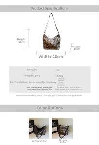 Detailed size chart and specifications for the leopard print tote bag with dimensions