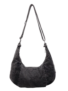 Washed dark gray denim crescent hobo bag with adjustable wide shoulder strap for women
