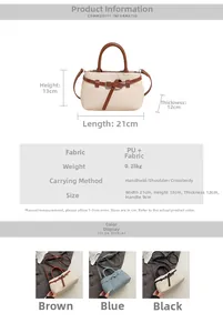 Detailed dimension guide for the canvas and leather bucket bag with size and strap specs