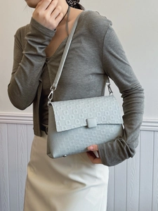 Retro grey-blue shoulder bag with geometric pattern and adjustable strap for women