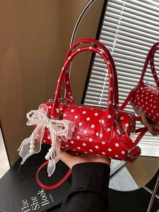 Sac Tonneau à Pois Mode pour Femmes en Cuir PU Sac à Bandoulière Rond Doux Avec Pendentif Nœud en Dentelle Künstliche Perle Vintage