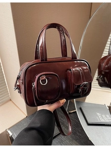 Vintage burgundy patent leather pillow bag with large capacity and double top handles