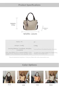 Graphique détaillé des dimensions du sac seau en PU et quatre options de couleurs