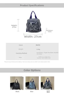 Detailed size and material chart for versatile washed denim multi-way backpack