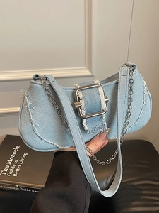 Fashion Denim Shoulder Bag Women Vintage Frayed Edge Underarm Bag With Metal Chain Large Buckle Casual Handbag Streetwear