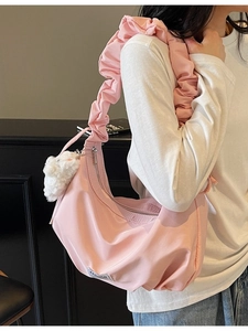 Women Large Capacity Hobo Shoulder Bag Ruffled Strap Nylon Crossbody Dumpling Bag With Plush Charm Casual Fashion Handbag