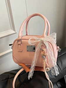 Damen Mode Kissen Umhängetasche PU Leder Mit Spitzenschleife Glockenanhänger Koreanisch Lässig Kleine Schultertasche Für Damen