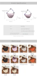 Size chart showing dimensions for large and small crescent nylon crossbody handbags