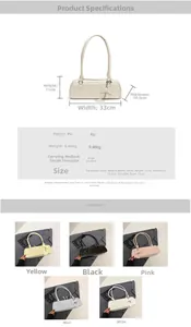 Detailed size chart and multi-color display of baguette bags with bow and heart charms
