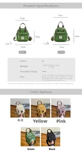 Size chart for mini nylon crossbody bags showing dimensions and colors for women