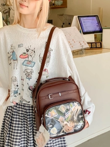 Sac ita marron de style preppy avec fenêtre transparente et bandoulière réglable