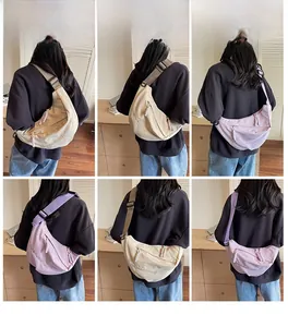 Detail shots of khaki and purple canvas crescent bags showing various wearing angles