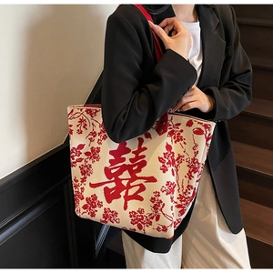 Detail of Chinese wedding tote bag featuring red double happiness character and floral pattern