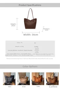 Detailed size chart and multi-color options for large capacity PU leather tote bag