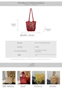 Detailed size chart and multi-color options for the woven hollow beach tote bag