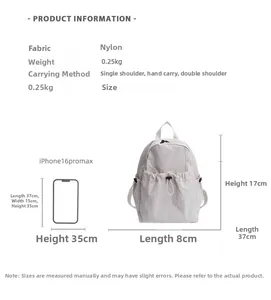 Nylon backpack dimensions guide and feature chart showing 37cm height and 0.25kg weight