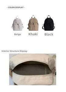 Detail view of large nylon backpack featuring drawstring pockets and spacious interior