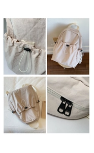 Detailed views of a beige pleated backpack with drawstring closure and dual zipper accents