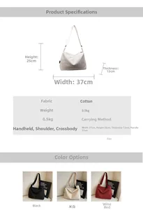 Detailed size chart and multi-color options for large capacity canvas shoulder bag