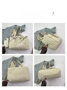 Detail view of cream pleated tote bag showing bow decoration and large capacity from 4 angles