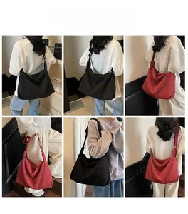 Detail shots showing black and burgundy canvas crossbody bags with adjustable wide straps