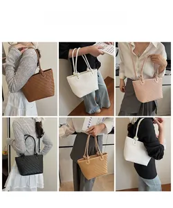 Collage of woven texture tote bags in various colors worn by a model in lifestyle settings