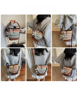 Rainbow woven bucket bag with leather handles and starfish pendant in various styles