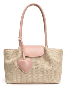 Summer woven straw tote bag for women with pink leather trim and heart charm