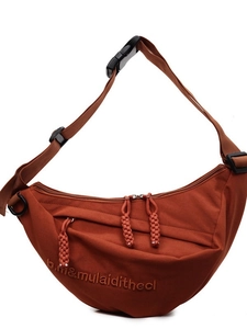 Brown nylon crescent crossbody bag with adjustable wide strap and embroidered logo