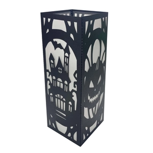 Halloween black lantern cover with haunted house and pumpkin laser-cut designs