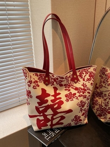 Chinese wedding tote bag with red Double Happiness symbol and floral patterns