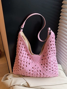 Sac à Épaule Tissé pour Femmes Bandoulière en Cuir PU Crochet Ajouré Sac Fourre-Tout Style Bohème Sac Seau Décontracté