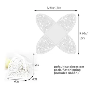 Detail of laser-cut floral white gift box showing 6x6x7cm dimensions and flat packaging