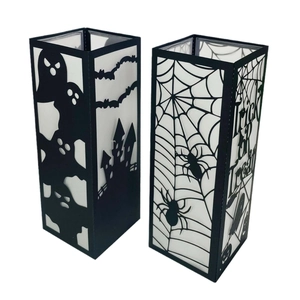 Halloween black hollow paper lantern covers with ghost castle and bat patterns set of two