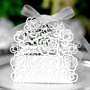 Detail of white laser-cut pearlescent favor box with rose patterns and organza ribbon