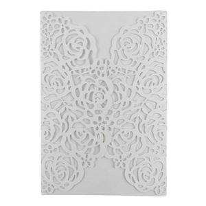 Elegant laser cut white rose wedding invitation cover with intricate floral patterns