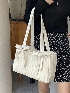 Women's Large Capacity Canvas Pleated Tote Bag With Bowknot Decoration Sweet Versatile Single Shoulder Bag Casual Travel Handbag