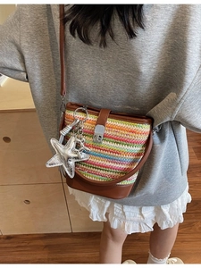Multicolor woven bucket bag with leather base, star and balloon dog charms, stylish crossbody