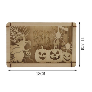 Detail view of 18cm laser-cut Halloween wooden shadow box with Happy Halloween text