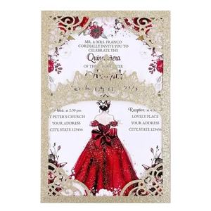 Invitation couronne dorée découpée au laser pour Quinceañera avec carte florale rouge