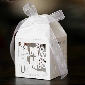 Laser cut white Mr & Mrs wedding candy box with butterfly design and ribbon bow