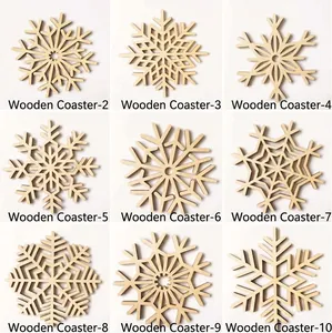 Set of 9 laser-cut wooden snowflake coasters with heat-resistant natural wood finish