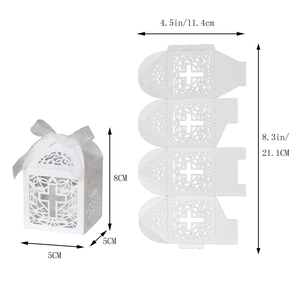 Detailed size chart for laser-cut cross favor box with assembly and flat dimensions